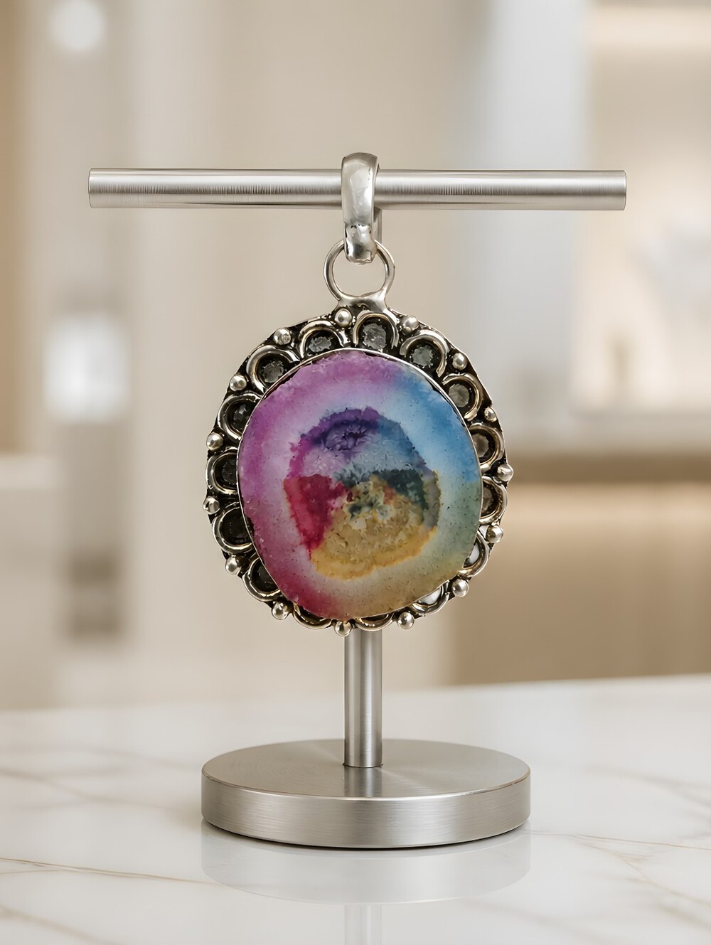 Dyed Rainbow Solar Quartz Sterling Silver Pendent.  Chain Not Included!!!